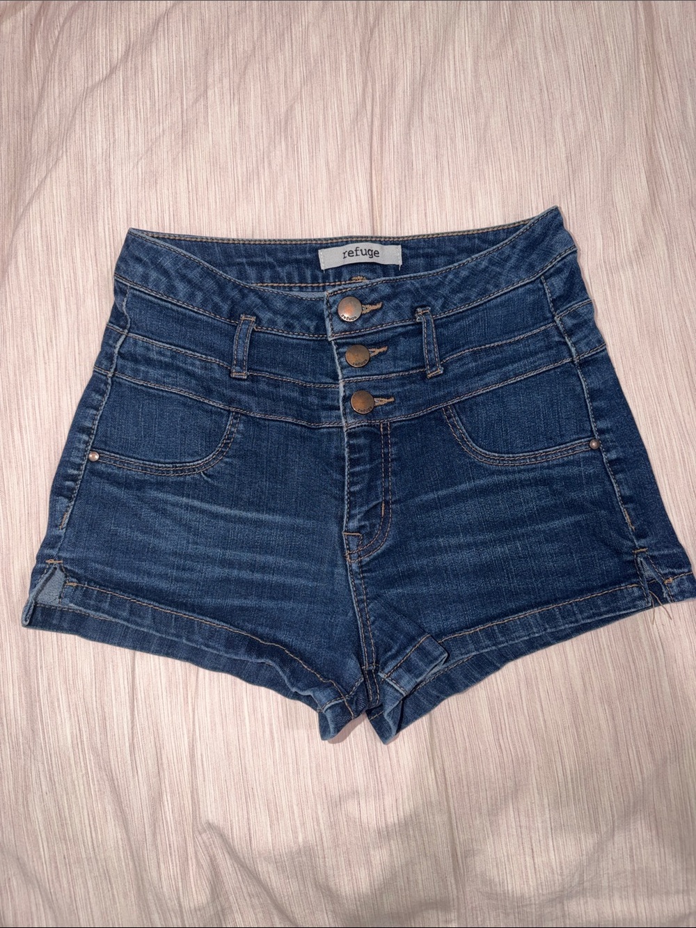 refuge Triple-Button Dark Blue Denim Jean Shorts